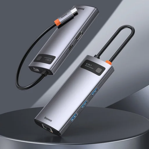 Baseus Metal Gleam 6in1 HUB USB Type-C - USB Type-C PD 100W / HDMI 4K 30Hz / 3x USB 3.2 Gen 1/ RJ45 1Gbps szürke (CAHUB-CW0G) - 12