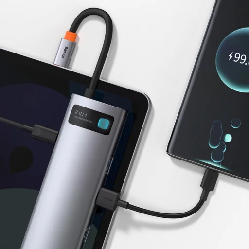 Baseus Metal Gleam 8in1 HUB USB Type-C - USB Type-C PD 100W / HDMI 4K 30Hz / 3x USB 3.2 Gen 1/ RJ45 1Gbps/ SD és MicroSD kártyaolvasóval szürke (CAHUB-CV0G) - 7