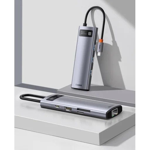 Baseus Metal Gleam 8in1 HUB USB Type-C - USB Type-C PD 100W / HDMI 4K 30Hz / 3x USB 3.2 Gen 1/ RJ45 1Gbps/ SD és MicroSD kártyaolvasóval szürke (CAHUB-CV0G) - 12