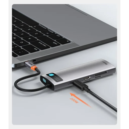 Baseus Metal Gleam 8in1 HUB USB Type-C - USB Type-C PD 100W / HDMI 4K 30Hz / 3x USB 3.2 Gen 1/ RJ45 1Gbps/ SD és MicroSD kártyaolvasóval szürke (CAHUB-CV0G) - 15