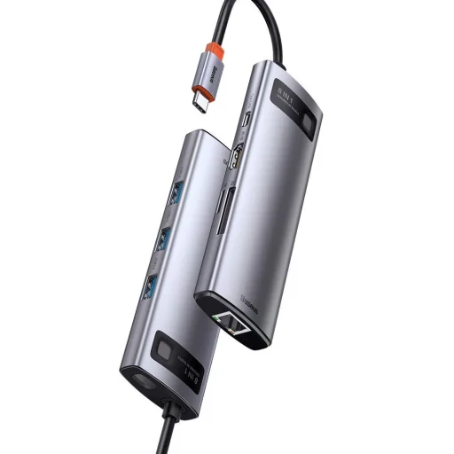 Baseus Metal Gleam 8in1 HUB USB Type-C - USB Type-C PD 100W / HDMI 4K 30Hz / 3x USB 3.2 Gen 1/ RJ45 1Gbps/ SD és MicroSD kártyaolvasóval szürke (CAHUB-CV0G) - 4