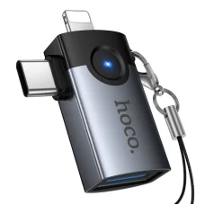 Hoco UA46E Victory szürke 2 az 1-ben OTG adapter Lightning / USB-C - USB-A