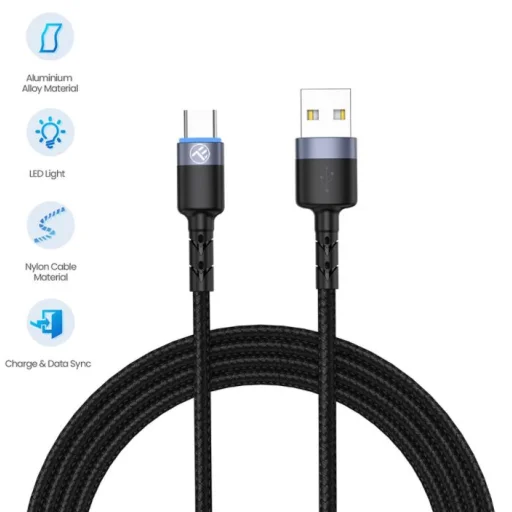 Tellur USB – Type-C LED nylonový pletený dátový a nabíjací kábel 1,2 m čierny - 4