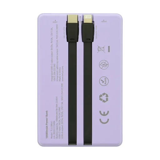Tellur Power Bank 10000mAh so zabudovanými káblami USB-C a Lightning, fialová - 3