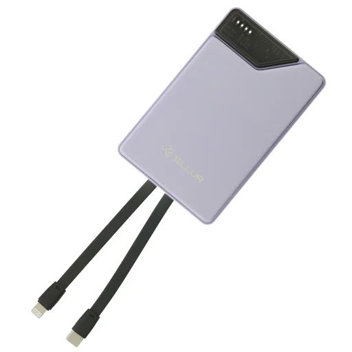 Tellur Power Bank 10000mAh so zabudovanými káblami USB-C a Lightning, fialová - 5