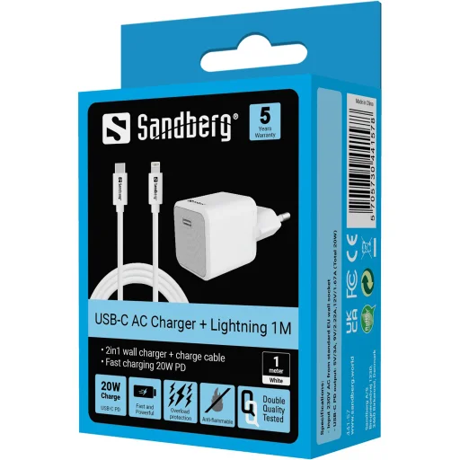 Sandberg 441-57 USB-C 20W sieťová nabíjačka + USB-C – Lightning kábel, 1 m - 4