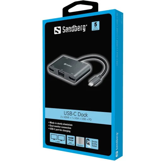 Sandberg 136-35 USB-C dokovacia stanica 2xHDMI+1xVGA+USB+PD - 2