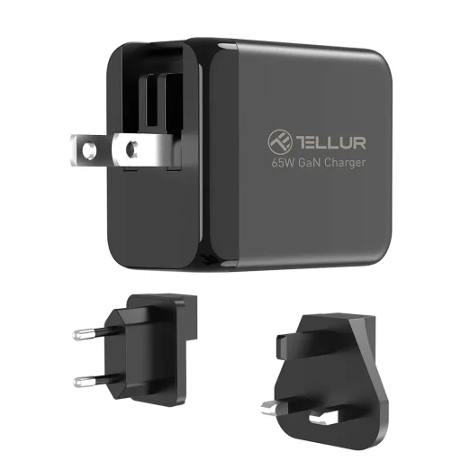 Tellur GaN 65W 3-portová sieťová nabíjačka, 2x USB-C + USB-A, EU/UK/US, čierna - 3