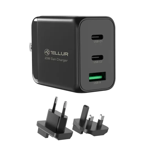 Tellur GaN 65W 3-portová sieťová nabíjačka, 2x USB-C + USB-A, EU/UK/US, čierna - 4