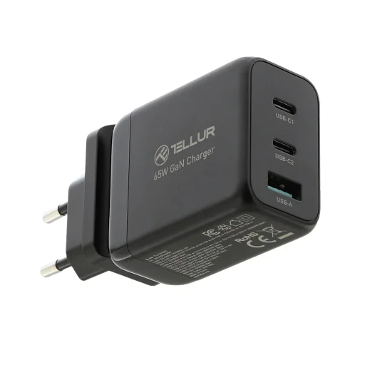 Tellur GaN 65W 3-portová sieťová nabíjačka, 2x USB-C + USB-A, EU/UK/US, čierna - 1