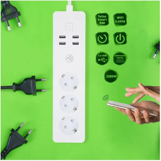Tellur WiFi okos elosztó, 3 aljzattal, 4 USB-porttal, 4A, 2200W, 10A, 1,8 m - 5