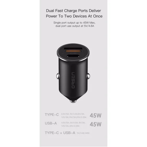 Orsen C8 45W mini autós töltő fekete - 3