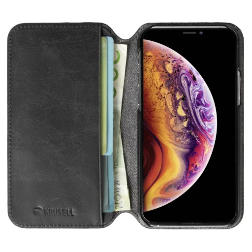 Krusell Sunne PhoneWallet Apple iPhone 11 Pro Max valódi bőr fliptok tok, vintage fekete - 4