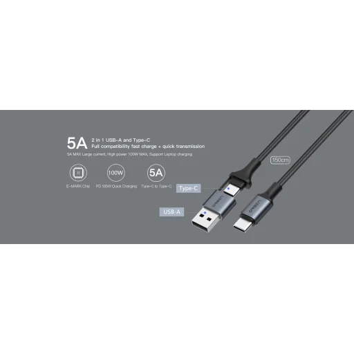 Orsen S8 2 v 1 USB a Type-C 5A 1,5 m čierny kábel - 2