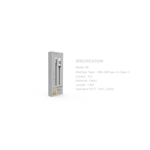 Orsen S8 2 az 1-ben USB és Type-C 5A 1,5 m fekete kábel - 10