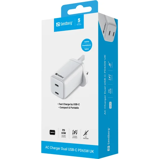 Sandberg 441-62 AC Charger Dual USB-C PD65W UK sieťová nabíjačka - 4