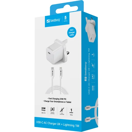 Sandberg 441-64 USB-C 20W sieťová nabíjačka s UK koncovkou + Lightning káblom - 5