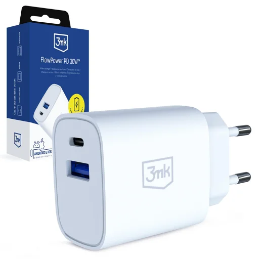 3mk - Sieťová nabíjačka GaN - USB, Type-C 30W, PD 3.0, QC4 - Biela - 1
