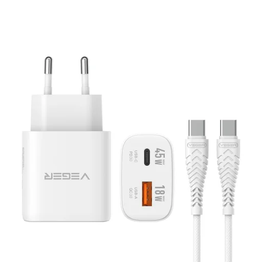 VEGER TR101 biely sieťový nabíjací adaptér USB-A + USB-C PD Super Charge PPS 45W + dátový kábel USB-C – USB-C 100W - 2