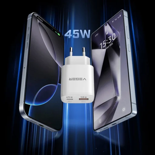 VEGER TR101 biely sieťový nabíjací adaptér USB-A + USB-C PD Super Charge PPS 45W + dátový kábel USB-C – USB-C 100W - 4