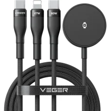 VEGER V730 3 v 1 USB-C – Lightning / USB-C / iWatch / Samsung Watch kábel 3A 92W 1,5 m čierny