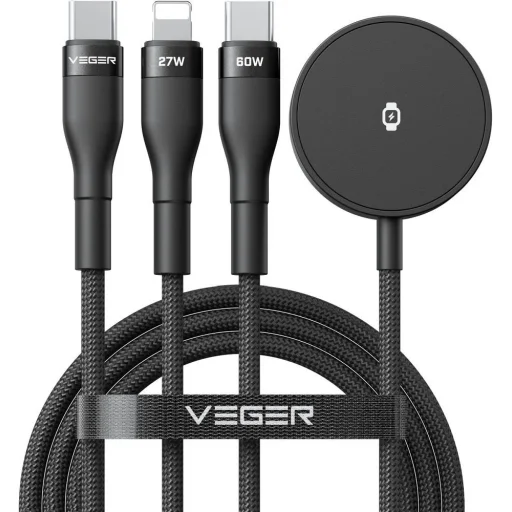 VEGER V730 3 v 1 USB-C – Lightning / USB-C / iWatch / Samsung Watch kábel 3A 92W 1,5 m čierny - 1