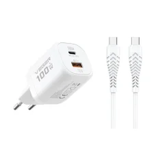 Biely sieťový nabíjací adaptér VEGER USB-A + USB-C PD Super Charge PPS 100W + dátový kábel USB-C–USB-C 240W TR150
