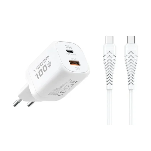 Biely sieťový nabíjací adaptér VEGER USB-A + USB-C PD Super Charge PPS 100W + dátový kábel USB-C–USB-C 240W TR150 - 1