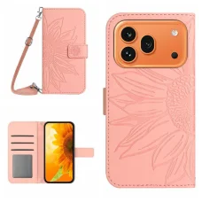 Honor 600 Global / 600 Pro Global puzdro na telefón s koženým vzhľadom so vzorom slnečníc a šnúrkou na krk (ružové) puzdro