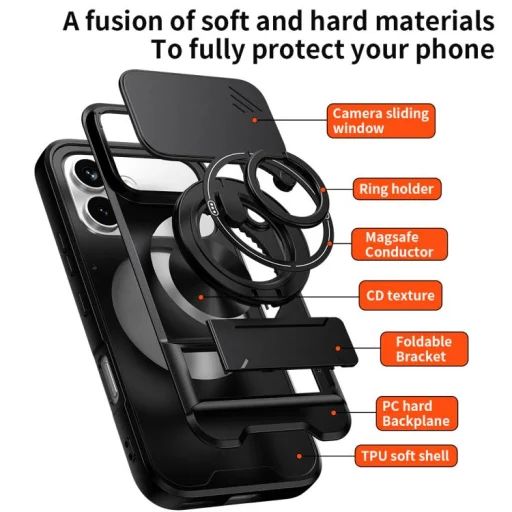 Honor 600 / 600 Pro Global multifunkčné magnetické nárazuvzdorné puzdro na telefón s posuvnou krytkou objektívu a okienkom (čierne) puzdro - 5