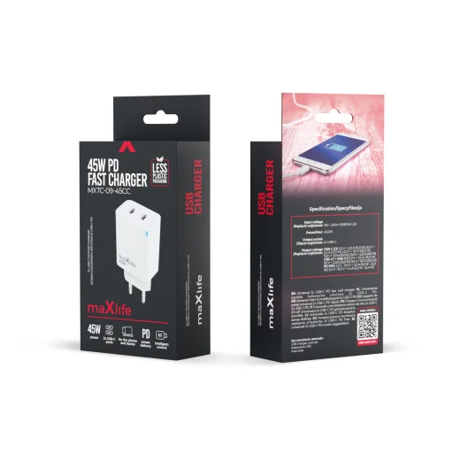 Maxlife MXTC-09-45CC GaN PD QC sieťová nabíjačka 2x USB-C 45W biela - 2