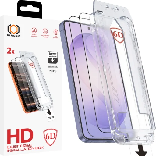 Tel Protect prachotesné, ľahko aplikovateľné 6D tvrdené sklo s celoplošným lepením pre Samsung Galaxy S26 čierne (s odomykaním odtlačkom prsta) - 2 kusy ochranného skla - 1