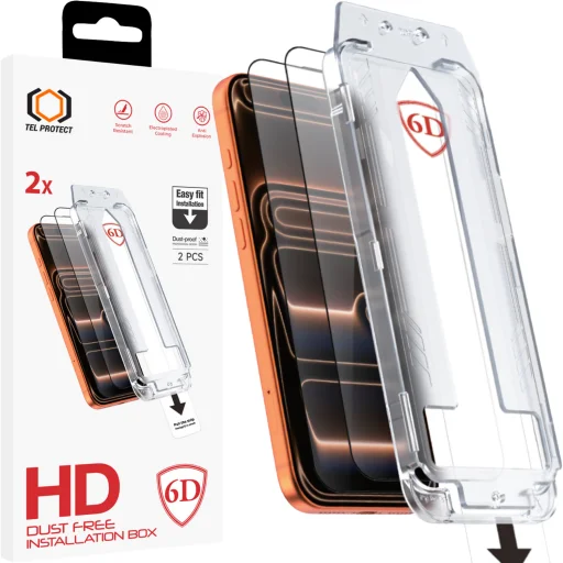 Tel Protect Bezprašné 6D Tvrdené Sklo s Jednoduchou Inštaláciou a Celoplošným Lepením pre iPhone 17 Pro čierne - 2 kusy, ochranné sklo - 1