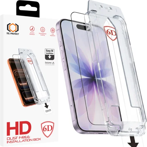 Tel Protect Bezprašné Ľahko aplikovateľné 6D Tvrdené sklo s celoplošným lepidlom iPhone 16 Pro/17 čierne ochranné sklo - 1