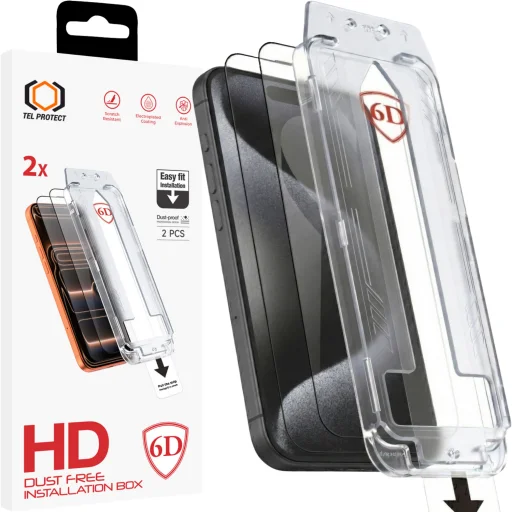 Tel Protect Bezprašné 6D Tvrdené Sklo s Jednoduchou Inštaláciou a Celoplošným Lepením pre iPhone 15 Pro Max čierne - 2 kusy ochranného skla - 1