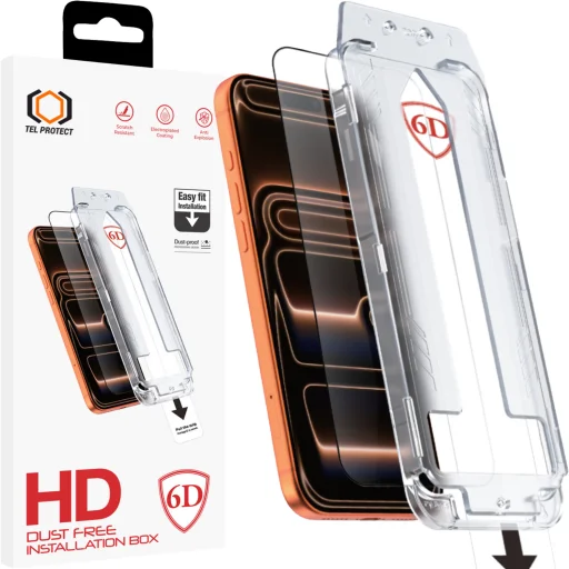 Tel Protect bezprašné 6D tvrdené sklo s jednoduchou aplikáciou a celoplošným lepením pre iPhone 17 Pro, čierne, - 1