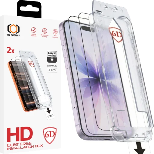 Tel Protect bezprašné 6D tvrdené sklo s jednoduchou inštaláciou a celoplošným lepením iPhone 16 Pro/17 čierne - 2 kusy, ochranné sklo - 1