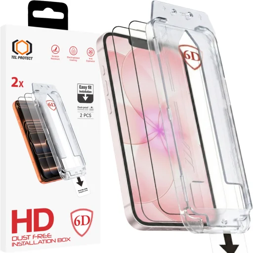 Tel Protect Bezprašné 6D tvrdené sklo s jednoduchou inštaláciou a lepením po celej ploche iPhone 13/13 Pro/16E/17E čierne - balenie 2 kusy, ochranné sklo - 1
