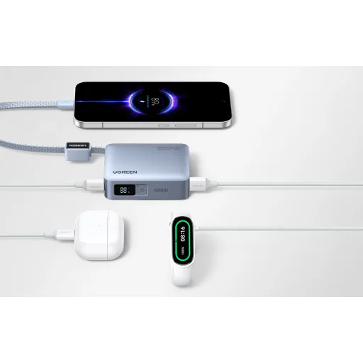 Ugreen PB584 10000 mAh power banka, USB + USB-C, 33 W, so zabudovaným káblom (sivá) - 7