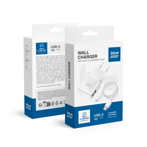 Blue Star USB-A 1A 5W sieťový nabíjací adaptér + USB-A – Lightning kábel TFK-TC-1100B biely - 1