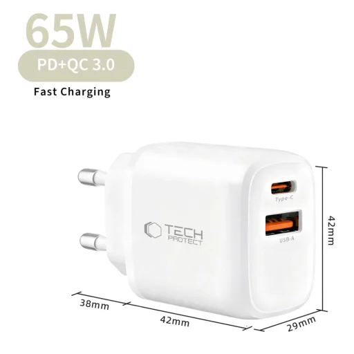 Tech-Protect NCA65W-GAN 2-portový sieťový nabíjací adaptér PD 65W / QC 3.0 biely - 4