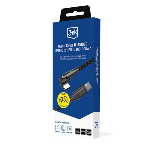 3mk - Dátový kábel Hyper N-Series - Type-C na Type-C, 90-stupňový kábel, 100W, 20V/5A, 1m - Čierny - 7