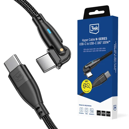 3mk - Dátový kábel Hyper N-Series - Type-C na Type-C, 90-stupňový kábel, 100W, 20V/5A, 1m - Čierny - 1