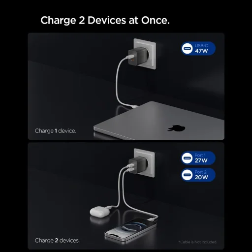 Spigen Essential EE472EU-GAN 47W 2-portový sieťový USB-C nabíjací adaptér tmavosivý - 3
