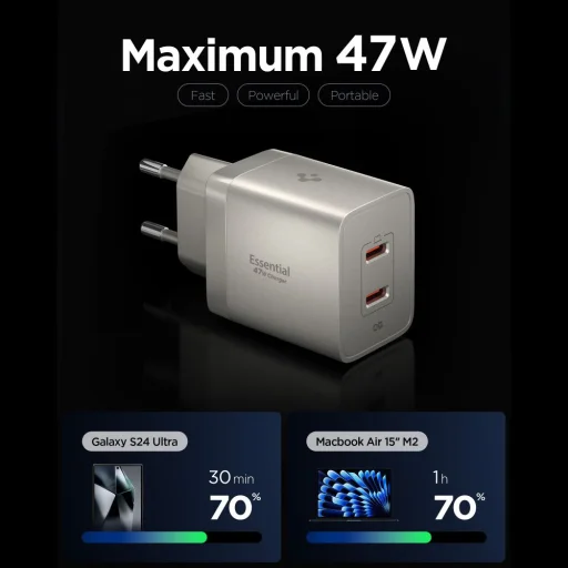 Spigen Essential EE472EU-GAN 2-portový GaN sieťový USB-C nabíjací adaptér 47W prírodný titán - 2