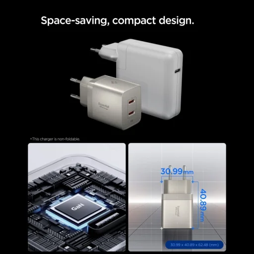 Spigen Essential EE472EU-GAN 2-portový GaN sieťový USB-C nabíjací adaptér 47W prírodný titán - 4