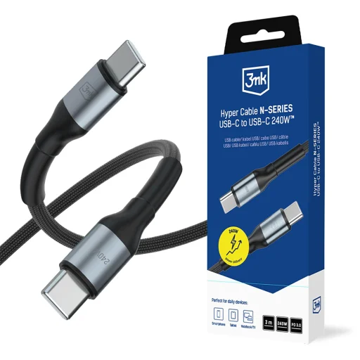 3mk - Dátový kábel Hyper N-Series - Type-C na Type-C, Ultrarýchle nabíjanie, 240W, 48V/5A, 3m - Čierny - 1