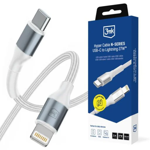 3mk - Dátový kábel Hyper N-Series - Type-C to Lightning, 27W, 9V/3A, 2m - Biely - 1