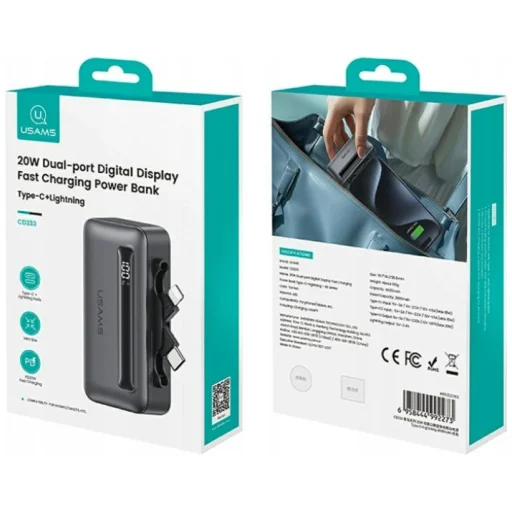 USAMS XB-Series CD233 5000mAh PD 20W powerbanka s USB-C / Lightning káblom strieborná - 8