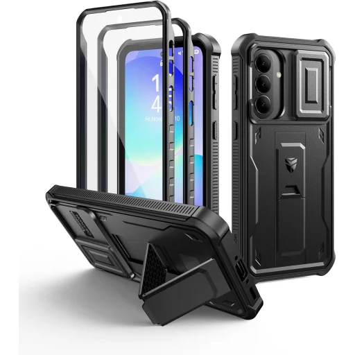 Dexnor Samsung Galaxy A37 tok beépített kijelzővédővel, mágneses kameravédő csúszkával és kitámasztóval – fekete - 1